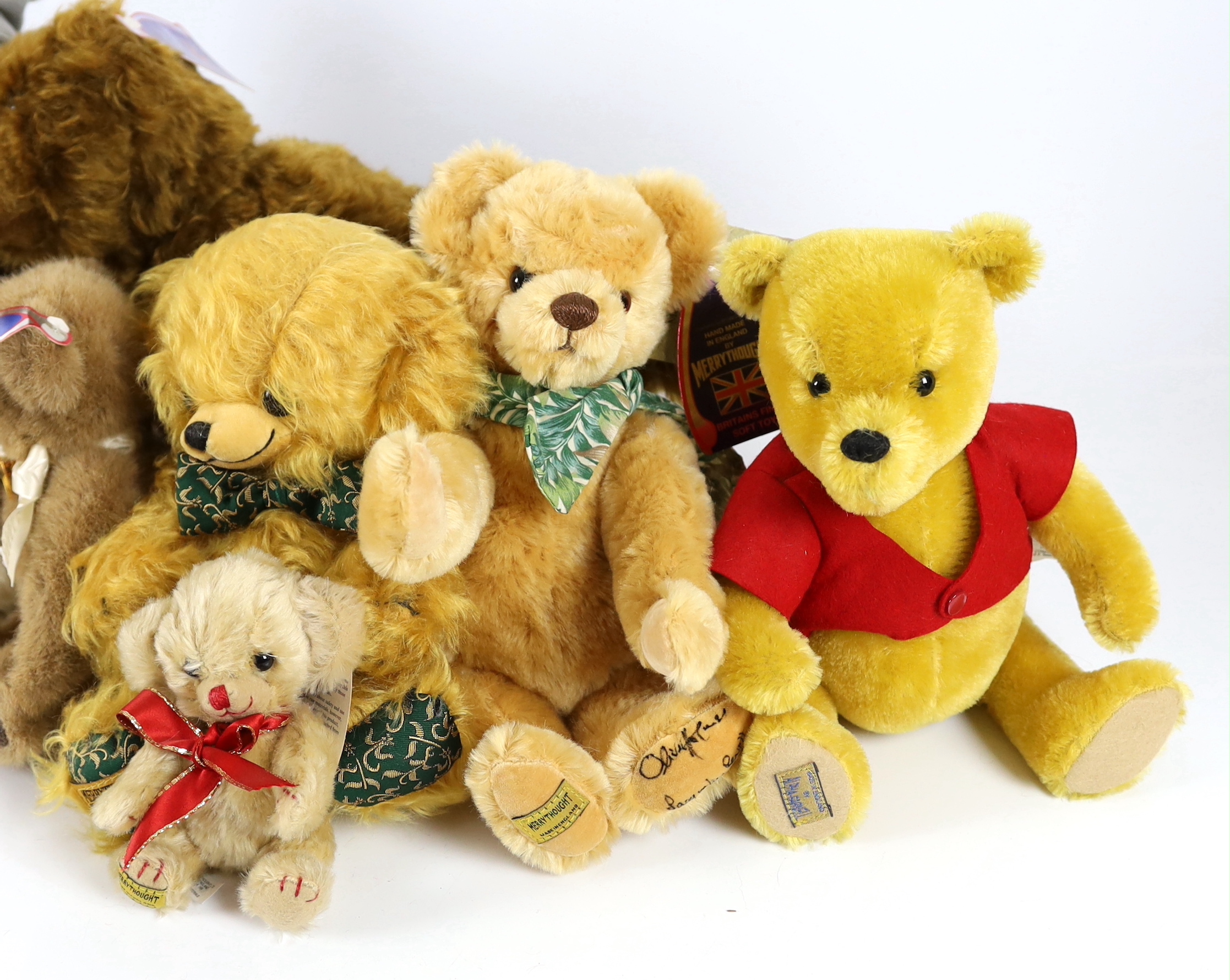 Nine Merrythought toys including two Cheekys, Winnie The Pooh, etc. (9)